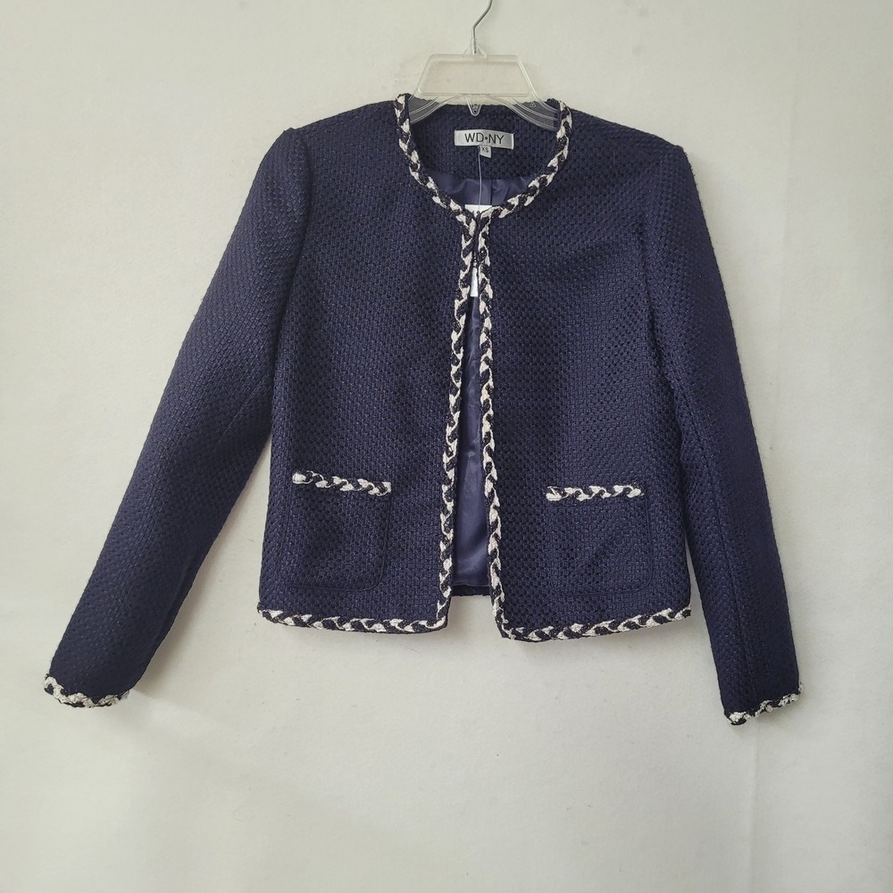WD.NY Tweed Jacket Womens XS Navy Blue Gold Braided Trim Pockets Career‎ New